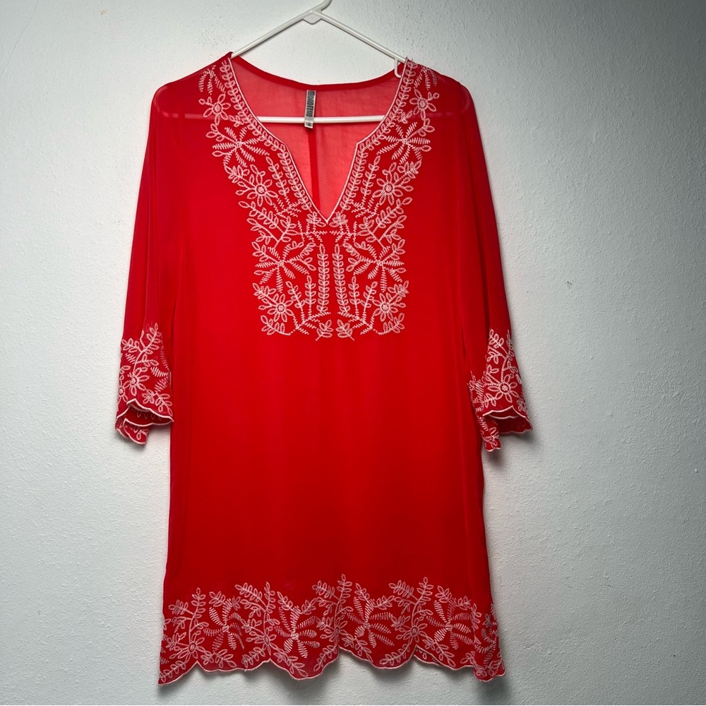 Monoreno Women’s Embroidered Tunic Top Size Medium V-Neck Cover-Up Coral Color - Picture 5 of 16